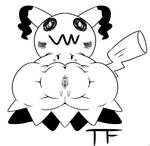  blush female mimikyu monochrome nintendo pok&eacute;mon pok&eacute;mon_(species) pussy_bulge pussy_juice pussy_juice_through_clothing simple_background solo thunderfap video_games white_background worried 