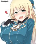  :d absurdres atago_(kantai_collection) beret black_gloves blonde_hair blue_eyes blue_hat blue_jacket blush breasts eyebrows_visible_through_hair frilled_sleeves frills gloves green_eyes hand_to_own_mouth hat heart highres jacket kantai_collection kiritto large_breasts long_hair long_sleeves looking_at_viewer military military_uniform open_mouth simple_background smile solo straight_hair teeth tongue twitter_username uniform white_background 