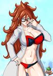  1girl alone android android_21 big_hair black-framed_eyewear black-framed_glasses black_nails blue_background blue_eyes breasts brown_hair cleavage curly_hair curvy cyborg dragon_ball dragon_ball_fighterz earring female glasses hand_on_glasses hand_on_hips hoop_earring huge_breasts lab_coat long_hair looking_at_viewer multicolored_bra multicolored_panties nail_polish navel solo stomach thick_thighs thighs 