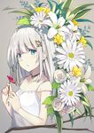  bare_shoulders blue_eyes breasts collarbone dress eyebrows_visible_through_hair flower grey_background hair_ornament holding holding_flower looking_at_viewer original signature silver_hair small_breasts solo sutorora tree_branch upper_body white_dress 