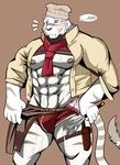  2017 abs anthro bearlovestiger13 blue_eyes bulge clothed clothing feline fur grimoire_of_zero male mammal mercenary_(character) muscular muscular_male nipples pecs stripes tiger white_fur white_tiger 
