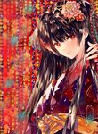  ahma bangs bead_curtain brown_hair eyebrows_visible_through_hair flower from_side hair_flower hair_ornament hand_up highres japanese_clothes kimono long_hair looking_at_viewer original parted_lips pearl red_eyes red_kimono smile solo 