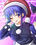  bangs blue_eyes blue_hair blush book breasts doremy_sweet eyebrows_visible_through_hair hand_up hat holding holding_book long_sleeves looking_at_viewer medium_breasts nightcap one_eye_closed oshiaki pom_pom_(clothes) short_hair sidelocks solo tail tapir_tail touhou upper_body 