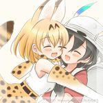  :d ^_^ animal_ears backpack bag bare_shoulders belt black_gloves black_hair blonde_hair blush bow bowtie cheek-to-cheek closed_eyes commentary_request dated elbow_gloves extra_ears eyebrows_visible_through_hair frame gloves hair_between_eyes hat hat_feather high-waist_skirt highres hug kaban_(kemono_friends) kemono_friends littlelily multicolored multicolored_clothes multicolored_gloves multiple_girls open_mouth print_gloves print_neckwear print_skirt red_shirt serval_(kemono_friends) serval_ears serval_print serval_tail shirt short_hair short_sleeves skirt sleeveless smile tail twitter_username white_gloves yellow_gloves yellow_neckwear yellow_skirt 