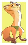  2017 anthro border briefs bulge canine clothed clothing dipstick_tail disney fox fuel_(artist) half-closed_eyes hands_behind_head male mammal markings multicolored_tail nick_wilde simple_background smile socks_(marking) solo standing topless underwear white_border yellow_background zootopia 