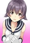  brown_eyes collarbone gloves gradient gradient_background hair_between_eyes highres kamelie kantai_collection open_mouth pink_background purple_hair sailor_collar sakawa_(kantai_collection) school_uniform serafuku short_hair sleeveless solo white_gloves 