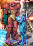 ass blue_bodysuit blue_eyes blue_hair bodysuit breasts cable commentary dimples_of_venus flat_ass full_body high_ponytail highres holographic_touchscreen long_hair mechanical medium_breasts metroid nose power_armor samus_aran skin_tight solo tekuho_no_habo toned varia_suit zero_suit 