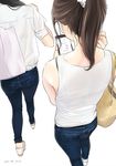  ama_mitsuki ass bag black_bra black_hair bra bra_through_clothes brown_hair cellphone dated denim facing_away fingernails foreshortening from_above from_behind hair_over_shoulder head_out_of_frame jeans long_fingernails multiple_girls original pants phone platform_footwear ponytail sandals see-through short_sleeves shoulder_bag simple_background smartphone tank_top underwear walking white_background 