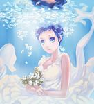  blue_eyes blue_hair bouquet dress flower kiko_(soumakiko) looking_at_viewer natsuyuki_rendezvous reflection shimao_rokka short_hair solo underwater white_dress white_flower 