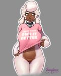  2017 5_fingers anthro bottomless brown_skin caprine clitoris clothed clothing clothing_lift collar digital_media_(artwork) english_text eyebrows eyelashes female freckles front_view fur green_eyes grey_background hair hi_res holly_(character) juicydemon mammal navel pink_clothing pink_shirt pink_topwear portrait pussy sheep shirt shirt_lift signature simple_background smile solo standing text three-quarter_portrait undressing white_eyebrows white_fur white_hair 