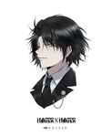  black_eyes black_hair black_jacket black_neckwear chain character_name collared_shirt copyright_name cropped_torso ekita_xuan eyebrows_visible_through_hair feitan hunter_x_hunter jacket looking_at_viewer male_focus necktie parted_lips portrait sanpaku shirt simple_background solo tuxedo white_background white_shirt wing_collar 