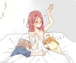  3girls ahoge bed bed_sheet blush commentary_request covering fff_threesome girl_sandwich grey_hair group_sex hickey highres long_hair love_live! love_live!_sunshine!! lying multiple_girls nude nude_cover on_side orange_hair pillow red_hair sakurauchi_riko sandwiched short_hair silver_hair sleeping takami_chika threesome watanabe_you yellow_eyes yuri zzz 