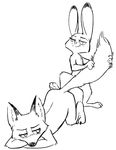  2017 anthro ass_up black_and_white blush canine crossed_arms dipstick_ears disney duo female fox fuel_(artist) half-closed_eyes inner_ear_fluff judy_hopps lagomorph male male/female mammal monochrome nick_wilde nude rabbit simple_background smile standing tail_grab white_background zootopia 