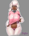  2017 5_fingers anthro blush bow brown_skin caprine clothed clothing clothing_lift collar digital_media_(artwork) english_text eyebrows eyelashes female front_view fur green_eyes grey_background hair hi_res holly_(character) juicydemon mammal multicolored_fur navel panties pink_bottomwear pink_clothing pink_panties pink_shirt pink_topwear pink_underwear portrait sheep shirt shirt_lift signature simple_background smile solo standing text three-quarter_portrait two_tone_fur underwear undressing white_eyebrows white_fur white_hair 