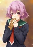  black_cardigan blush cardigan eating food highres kantai_collection koru_pera long_sleeves looking_at_viewer purple_eyes purple_hair red_neckwear sailor_collar school_uniform serafuku short_hair solo taiyaki tama_(kantai_collection) wagashi 