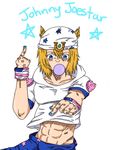  abs anime_coloring blonde_hair blue_eyes blue_nails bubble_blowing hood hood_down horseshoe johnny_joestar jojo_no_kimyou_na_bouken male_focus md5_mismatch nail_polish solo star star_print steel_ball_run white_background 