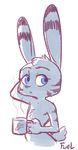  2017 anthro blue_eyes coffee_cup disney ear_markings facial_markings fuel_(artist) holding_cup holding_object jack_savage lagomorph looking_at_viewer male mammal markings nude rabbit restricted_palette signature simple_background solo steam white_background zootopia 