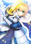  ahoge artoria_pendragon_(all) bangs blue_sky braid breastplate cloak closed_mouth cloud cloudy_sky commentary_request day eyebrows_visible_through_hair fate/stay_night fate_(series) faulds fur_trim gauntlets green_eyes hair_between_eyes highres holding holding_sword holding_weapon looking_at_viewer outdoors saber sidelocks sky smile solo sword taiki_ken weapon 