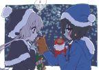  black_hair hair_ornament hand_puppet hat konno_junko long_hair low_twintails miramu_(uns_s1_173) mizuno_ai multiple_girls patchwork_skin puppet red_eyes santa_costume santa_hat short_hair silver_hair twintails wreath zombie zombie_land_saga 