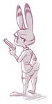  2017 anthro blue_eyes bottomless butt clothed clothing disney ear_markings facial_markings fuel_(artist) gun hand_on_hip handgun holding_object holding_weapon jack_savage lagomorph looking_at_viewer looking_back male mammal markings pistol rabbit ranged_weapon restricted_palette simple_background solo standing weapon white_background zootopia 