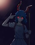  animal_ears blue_hair bunny_ears dark dress finger_gun finger_gun_to_head glowing glowing_eyes long_hair looking_at_viewer meimaru_inuchiyo pointing pointing_at_self red_eyes seiran_(touhou) smile solo touhou twintails 