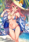  animal_ear_fluff animal_ears ass_visible_through_thighs bangs barefoot beach beach_umbrella bikini blue_bikini blue_sky blurry blush bokeh bracelet breasts brown_eyes day depth_of_field dutch_angle ears_through_headwear eyebrows_visible_through_hair fang fate/grand_order fate_(series) fox_ears hair_between_eyes hat head_tilt highres innertube jewelry kawai large_breasts long_hair looking_at_viewer navel ocean open_mouth outdoors pink_hair shiny shiny_skin sky smile solo standing standing_on_one_leg straw_hat sun_hat swimsuit tamamo_(fate)_(all) tamamo_no_mae_(swimsuit_lancer)_(fate) umbrella 