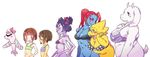  aircraft alphys anthro arachnid arthropod bottomless bow bra breasts caprine chara_(undertale) cleavage clothed clothing female fish goat group hair living_aircraft living_machine long_hair machine mammal marine muffet protagonist_(undertale) red_hair short_hair simple_background size_difference smile spider toriel tsunderplane undertale underwear undyne video_games white_background yugaiga 