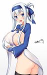  :d ainu_clothes artist_name blue_eyes blue_headband breasts cropped_jacket folded_ponytail hair_between_eyes headband huge_breasts kamoi_(kantai_collection) kantai_collection long_hair long_sleeves open_mouth ppshex sideboob smile solo white_background white_hair 