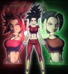  3girls abs black_eyes black_hair caulifla dragon_ball dragon_ball_super earrings energy_ball kale_(dragon_ball) kefla lipstick low_cut_shirt multiple_girls navel pants ponytail potara_earrings red_lips red_pants red_shirt saiyan shirt spiky_hair stomach wristband 