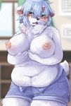  1girl artist_request blue_hair breasts dog furry nipples open_mouth short_hair short_pants solo yellow_eyes 