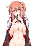  ahoge bangs blush breasts covered_mouth covering_mouth crossed_bangs fate/grand_order fate_(series) fujimaru_ritsuka_(female) hair_between_eyes hair_ornament hair_scrunchie large_breasts long_hair looking_at_viewer medium_breasts naked_coat navel nude open_clothes orange_eyes orange_hair orange_scrunchie out-of-frame_censoring scrunchie shino-o short_hair side_ponytail simple_background solo white_background 