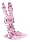 2017 anthro blue_eyes bottomless clothed clothing covering covering_crotch disney ear_markings facial_markings fuel_(artist) jack_savage kneeling lagomorph looking_at_viewer male mammal markings rabbit restricted_palette simple_background solo white_background zootopia 