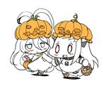  :d ahoge bag baku_taso basket blue_eyes blush_stickers candy chibi commentary_request dress food hair_between_eyes halloween hat holding holding_hands horns jack-o'-lantern kantai_collection long_hair mittens multiple_girls northern_ocean_hime open_mouth pumpkin_hat red_eyes shinkaisei-kan shoulder_bag simple_background smile submarine_new_hime white_dress white_hair white_skin 