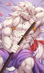  2017 abs anthro beard biceps clenched_teeth facial_hair feline fur hair high-angle_view huge_muscles lion long_hair long_tail looking_at_viewer male mammal melee_weapon muscular muscular_arms muscular_male pecs rabbity sword teeth weapon white_fur 