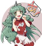  a animal_ears bare_arms buttons cloud_print commentary_request curly_hair fangs green_eyes green_hair heart highres horn kariyushi_shirt komano_aun kuronohana long_hair looking_at_viewer open_mouth paw_pose red_shirt shirt short_sleeves shorts smile solo touhou very_long_hair white_shorts 