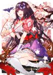  bat black_hair breasts brown_hair cherry_blossoms commentary_request fangs fate/grand_order fate_(series) fox_shadow_puppet gradient_hair hairband highres hood large_breasts long_hair looking_at_viewer multicolored_hair open_mouth origami osakabe-hime_(fate/grand_order) purple_eyes red_ribbon ribbon solo thighhighs very_long_hair white_legwear yakusuke 