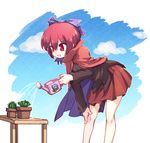  bangs bare_legs blouse bow cactus cape commentary_request hair_between_eyes hair_bow isu_(is88) leaning_forward long_sleeves miniskirt plant pleated_skirt potted_plant purple_bow red_eyes red_hair red_skirt sekibanki short_hair skirt smile solo table touhou wakasagihime water watering_can 