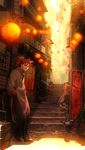  chinese_clothes cityscape fate/extra fate_(series) full_body hands_in_pockets highres lantern leaning_on_object li_shuwen_(fate) looking_at_viewer male_focus pants paper_lantern ponytail red_hair shoes solo tetsukuzu_tetsuko 