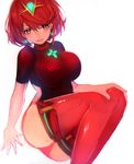  ass blush breasts covered_navel fingerless_gloves gloves highres homura_(xenoblade_2) jewelry large_breasts looking_at_viewer open_mouth red_eyes red_hair short_hair shorts sidelocks simple_background solo tarbo_(exxxpiation) tiara white_background xenoblade_(series) xenoblade_2 