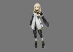 absurdres armlet artist_request bangs bell bell_collar blonde_hair blue_eyes coat collar eyebrows_visible_through_hair full_body gloves god_eater god_eater_resonant_ops grey_background highres knee_pads long_hair long_sleeves looking_at_viewer official_art pants shoes simple_background smile solo standing 