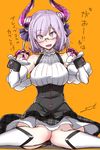  bare_shoulders breasts cosplay elizabeth_bathory_(fate) elizabeth_bathory_(fate)_(all) eyebrows_visible_through_hair fate/grand_order fate_(series) frills fue_(rhomphair) glasses highres horns lancer_(fate/extra_ccc)_(cosplay) looking_at_viewer mash_kyrielight medium_breasts open_mouth orange_background pink_eyes pink_hair short_hair simple_background sitting smile solo translation_request wariza 
