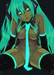  aqua_eyes aqua_hair bottomless breasts censored convenient_censoring detached_sleeves glowing hatsune_miku large_breasts lipstick long_hair makeup necktie neon_trim no_bra no_panties open_clothes open_shirt shirt sitting solo thighhighs twintails underboob vocaloid yuuji_(and) 