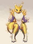  2017 anthro arm_support armwear bridal_gauntlets chest_tuft clothed clothing digimon female leaning leaning_back looking_at_viewer panties purple_underwear renamon s-ta-s sitting solo tuft underwear 