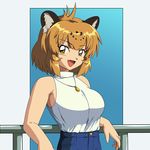  90s against_railing alternate_costume animal_ears anime_coloring bare_arms bare_shoulders blonde_hair blue_background commentary_request iwahana jaguar_(kemono_friends) jaguar_ears jewelry kemono_friends leaning_on_object necklace oldschool open_mouth pants parody pendant railing shirt short_hair sleeveless sleeveless_shirt smile solo style_parody white_background yellow_eyes 