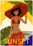  bare_arms bare_shoulders bikini breasts cover cowboy_shot fake_cover green_eyes hand_on_headwear hat keishin leaf looking_at_viewer medium_breasts original parted_lips red_bikini red_hat sarong short_hair smile solo standing sun sun_hat swimsuit 