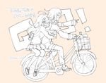  1girl ahoge akamatsu_kaede arms_around_waist bicycle checkered checkered_scarf closed_eyes danganronpa ground_vehicle hug hug_from_behind long_hair mamiichi musical_note musical_note_hair_ornament new_danganronpa_v3 open_mouth ouma_kokichi pleated_skirt riding scarf school_uniform short_hair simple_background sitting sitting_on_object skirt straitjacket sweater_vest translation_request 