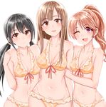  :d ;d arms_behind_back asymmetrical_bangs bangs bare_arms bare_shoulders black_hair blush bra breasts brown_eyes cleavage closed_mouth collarbone front-tie_bra groin hand_on_another's_arm head_tilt highres idolmaster idolmaster_cinderella_girls lips long_hair looking_at_viewer low_twintails medium_breasts mellow_yellow mizumoto_yukari multiple_girls nakano_yuka navel one_eye_closed open_mouth orange_bra orange_panties panties pink_eyes plaid plaid_bra plaid_panties ponytail red_hair red_ribbon ribbon shiina_noriko shiny shiny_hair shiny_skin shirushiru_(saitou888) sidelocks simple_background small_breasts smile stomach tareme twintails underwear underwear_only upper_body wavy_hair white_background 