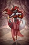  3_toes anthro belly_dancer biped bodom_(hunterx90) breasts canine clothed clothing digitigrade fan_character female fox fur hair humanoid_hands long_hair looking_at_viewer mammal navel red_fox red_hair sahtorikamaya signature silver_fox solo toes 