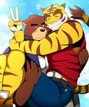  2017 anthro bear bearlovestiger13 clothed clothing duo feline fur juuichi_mikazuki male mammal morenatsu muscular muscular_male simple_background tiger torahiko_(morenatsu) 