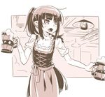  akari_(raigou) alcohol bangs beer beer_mug blunt_bangs ceiling_light collarbone commentary_request cowboy_shot cup dirndl eyebrows_visible_through_hair fang flat_chest frilled_sleeves frills german_clothes girder high_ponytail holding holding_cup indoors long_hair monochrome mug open_mouth original outside_border ponytail raigou sepia sketch solo 